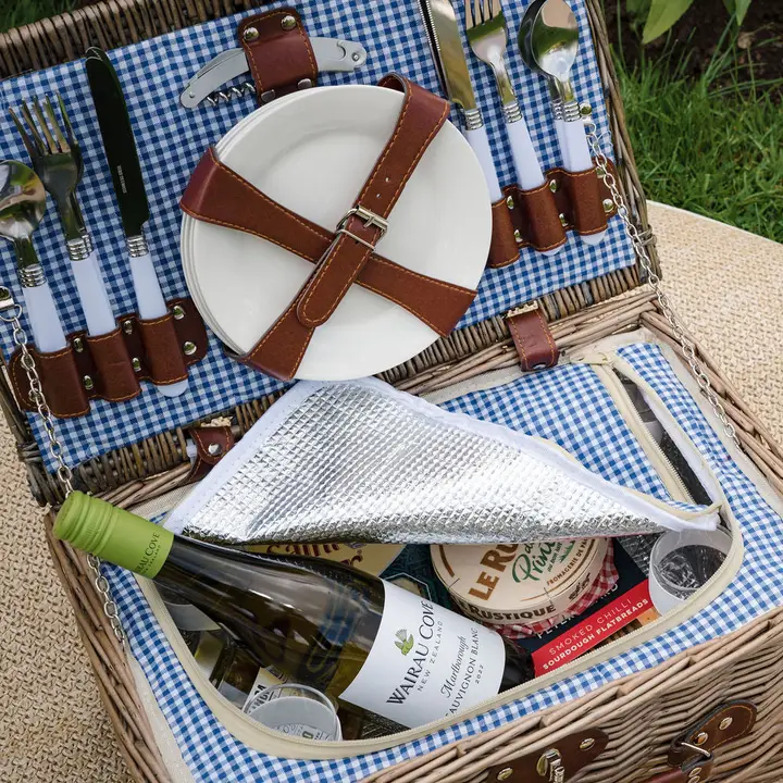 4 Person Blue Gingham Lined Wicker Picnic Basket - Image 3