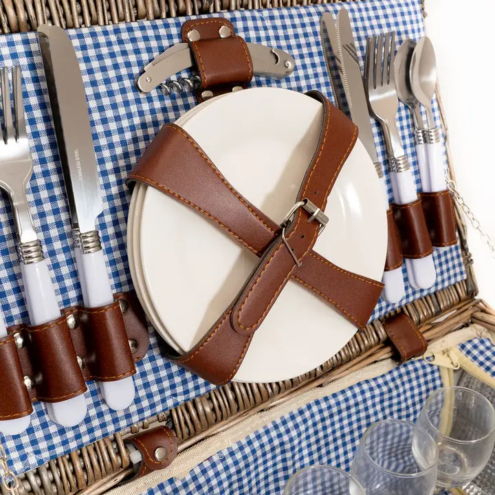 4 Person Blue Gingham Lined Wicker Picnic Basket - Image 4
