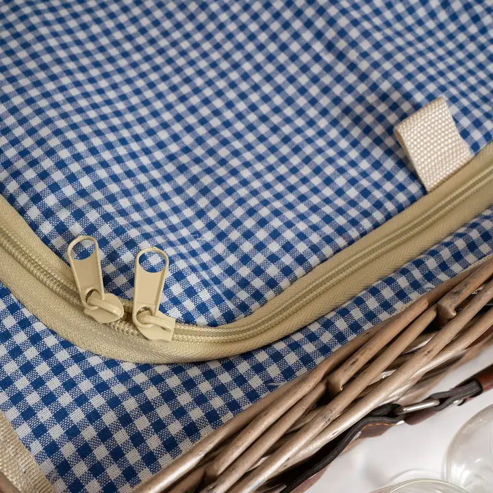 4 Person Blue Gingham Lined Wicker Picnic Basket - Image 5