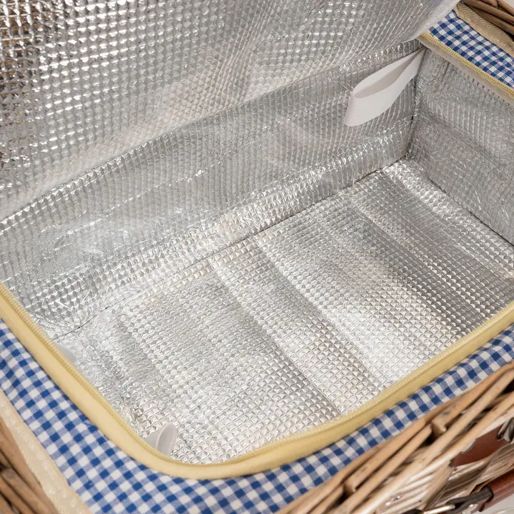 4 Person Blue Gingham Lined Wicker Picnic Basket - Image 6