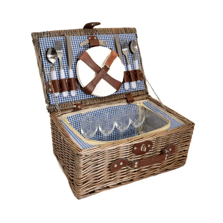4 Person Blue Gingham Lined Wicker Picnic Basket - Image 7