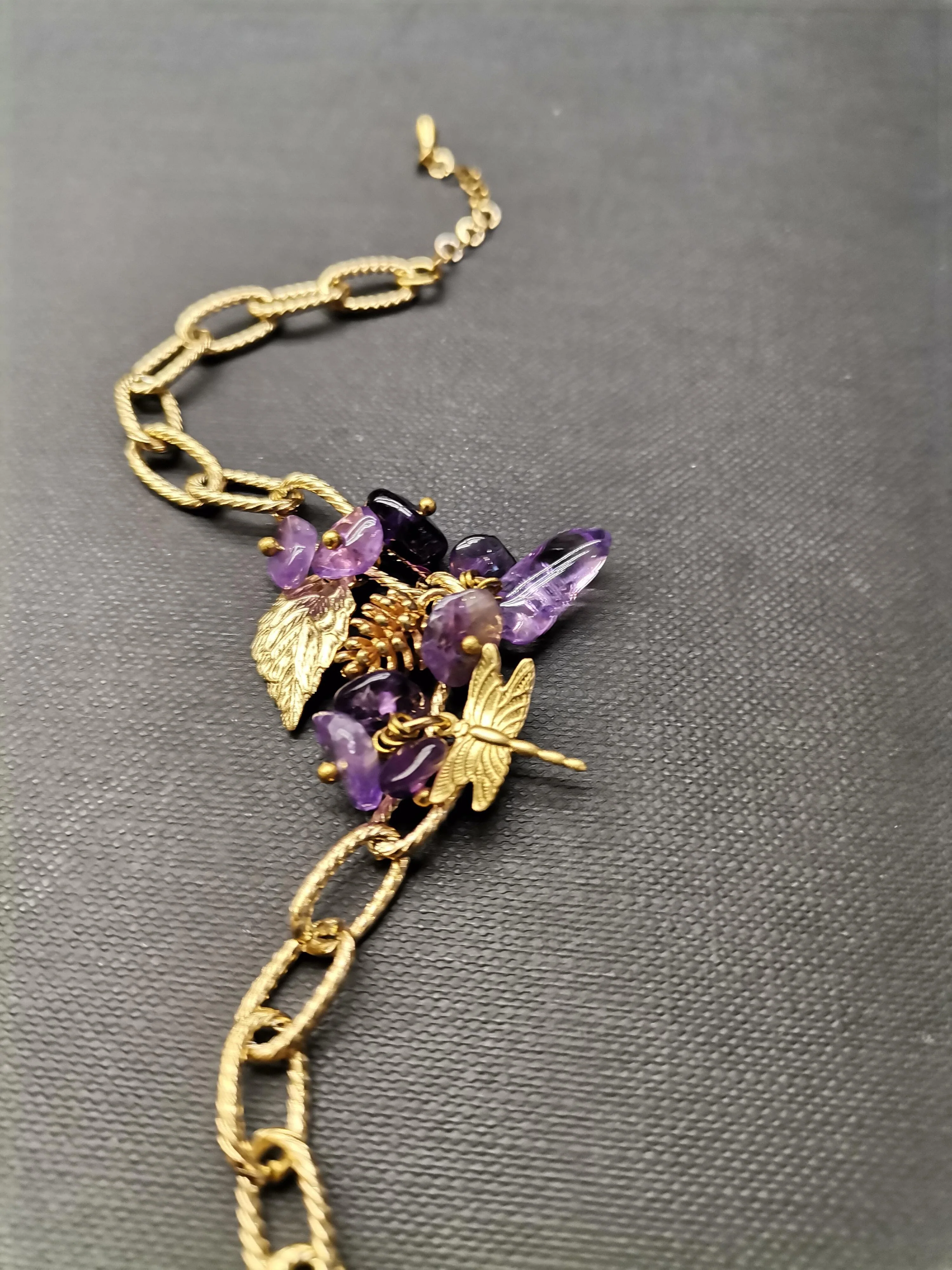 Amethyst Leaf & Dragonfly Gold Bracelet
