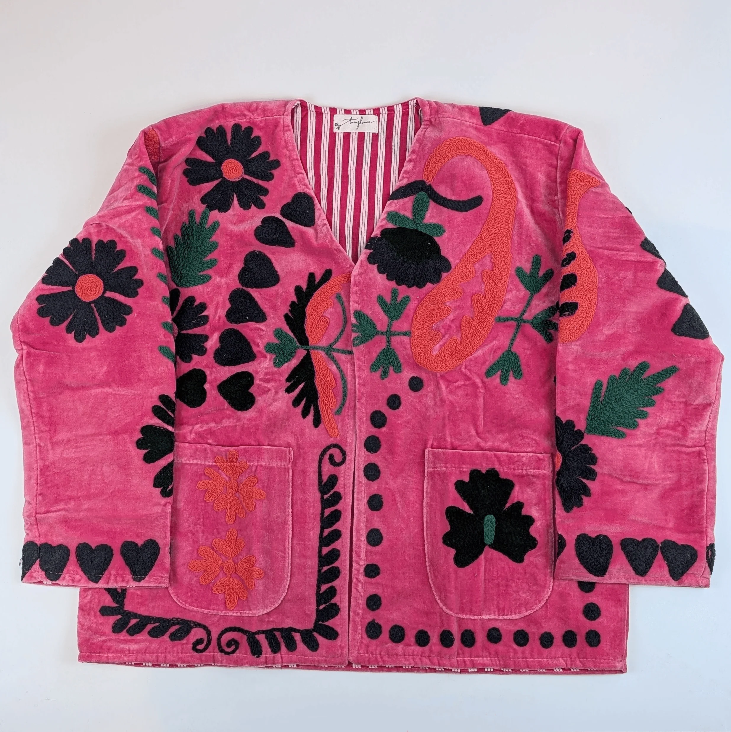 Amour Pink Velvet Suzani Kimono Embroidered Boho Jacket - Image 2