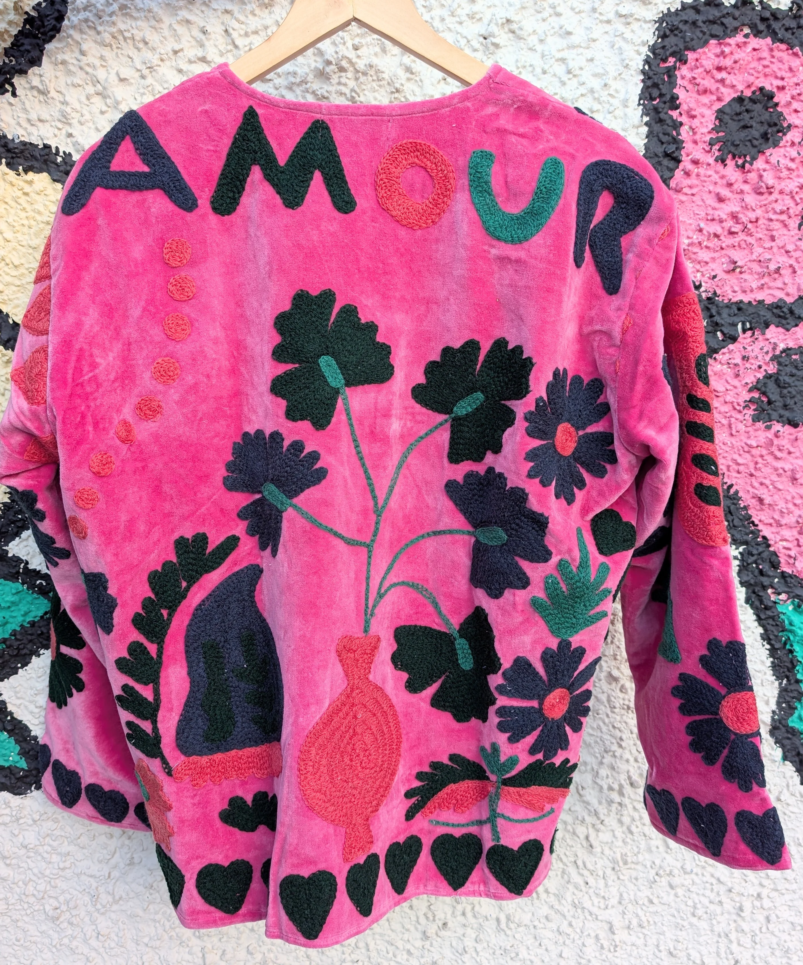Amour Pink Velvet Suzani Kimono Embroidered Boho Jacket - Image 3