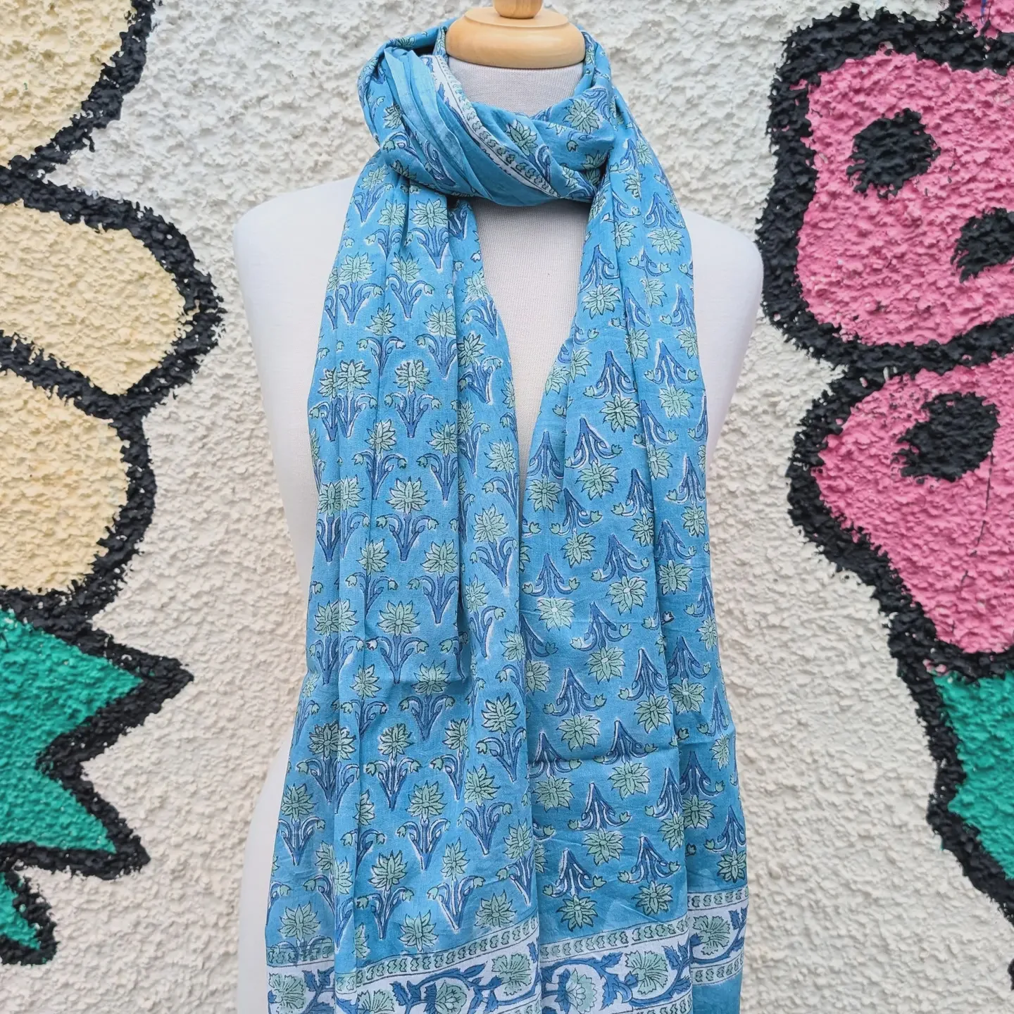 Aqua Blue Floral Block Print Pareo Sarong Scarf