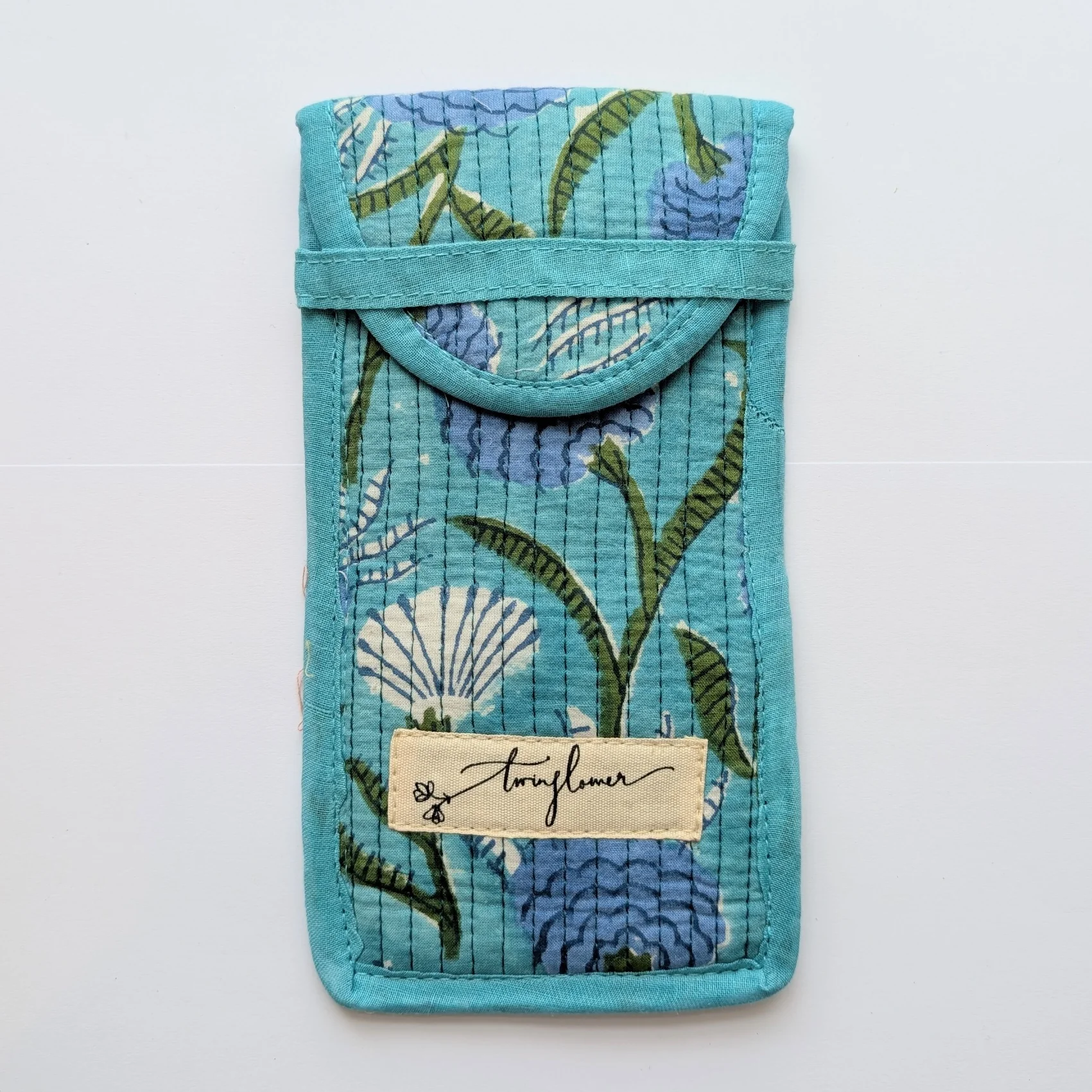 Aqua Floral Block Print Quilted Glasses Case