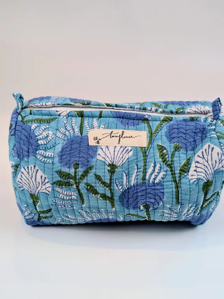 Aqua Floral Block Print Quilted Large Washbag
