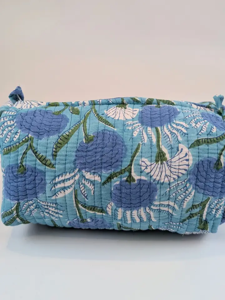 Aqua Floral Block Print Quilted Large Washbag - Image 2