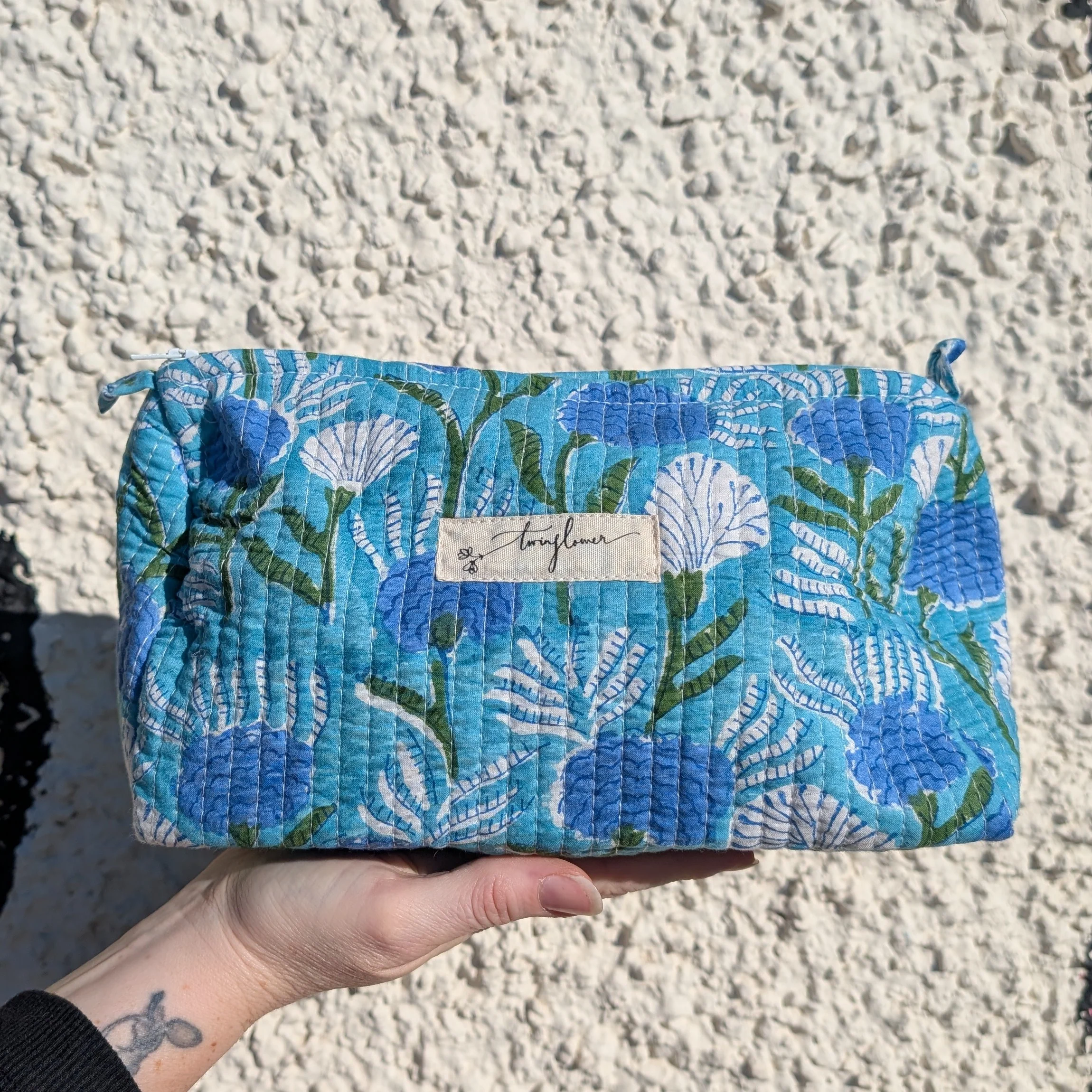 Aqua Floral Block Print Quilted Large Washbag - Image 3
