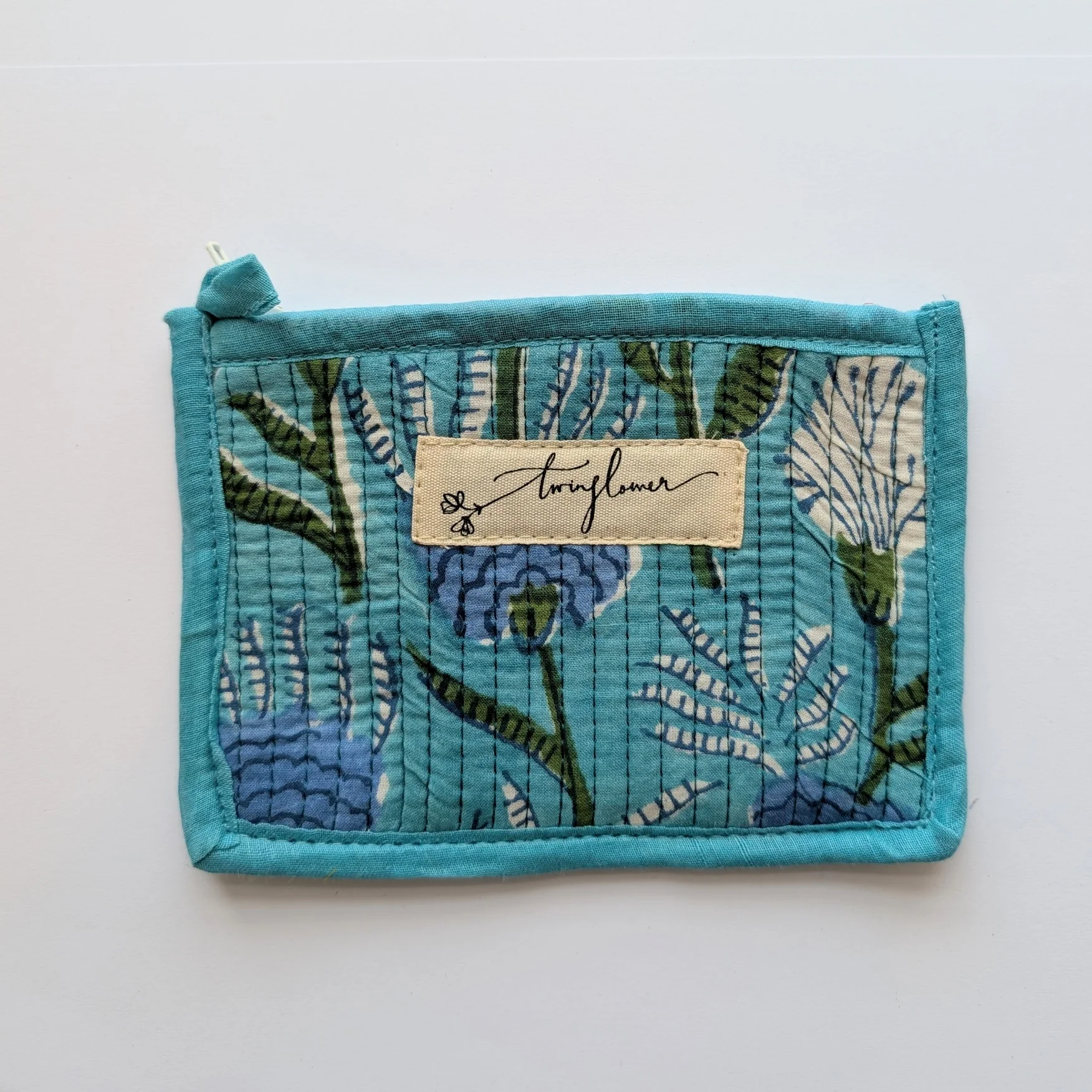 Aqua Floral Block Print Quilted Small Pouch Purse