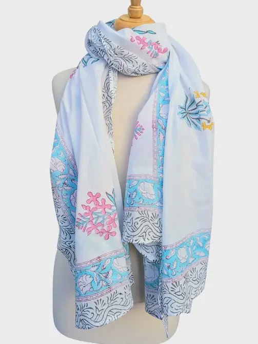 Aqua & Pink Floral Block Print Pareo Sarong Scarf