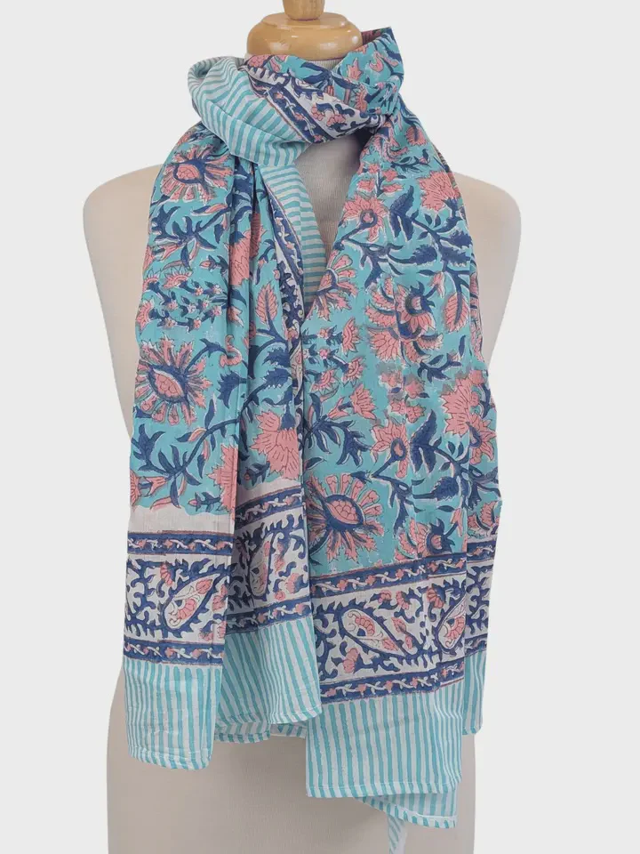 Aqua Pink Navy Floral Block Print Pareo Sarong Scarf