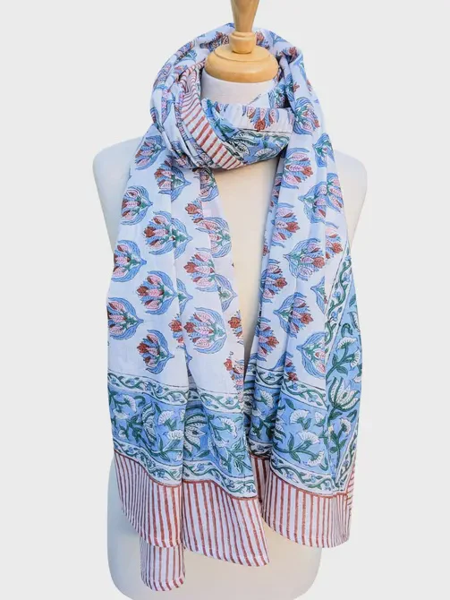 Blue & Brown Floral Block Print Pareo Sarong Scarf
