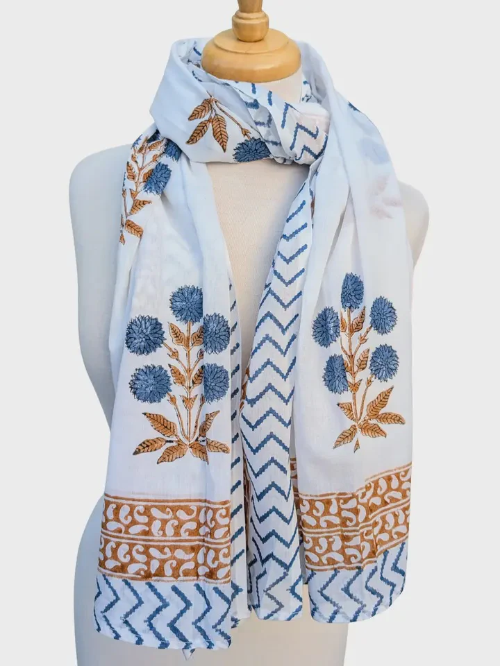 Blue & Brown Flower Plant Block Print Pareo Sarong Scarf