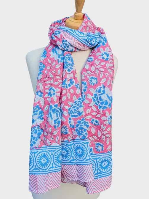 Blue Flowers with Pink Block Print Pareo Sarong Scarf