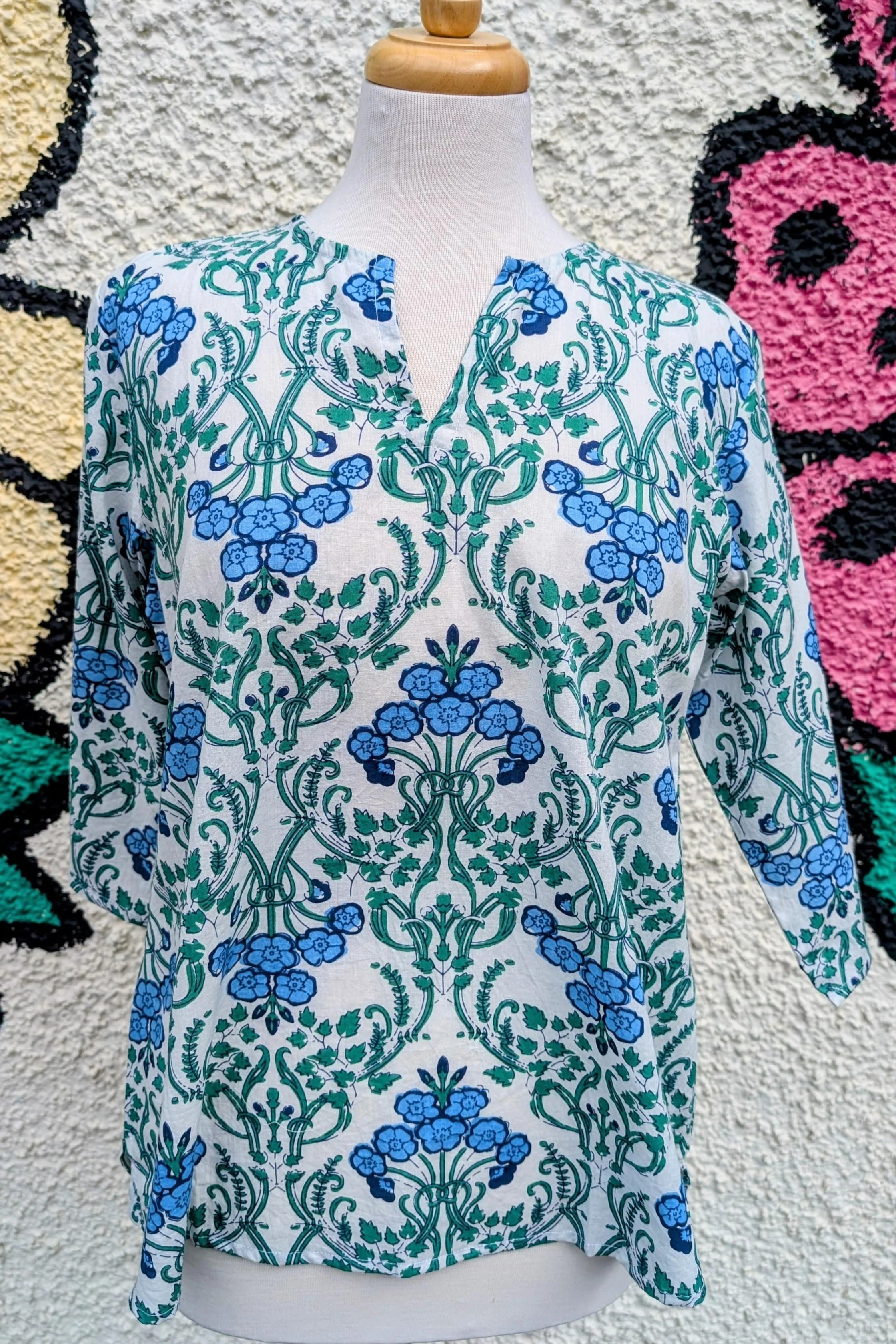 Marianne Blue & Green Art Deco Block Print Cotton Blouse