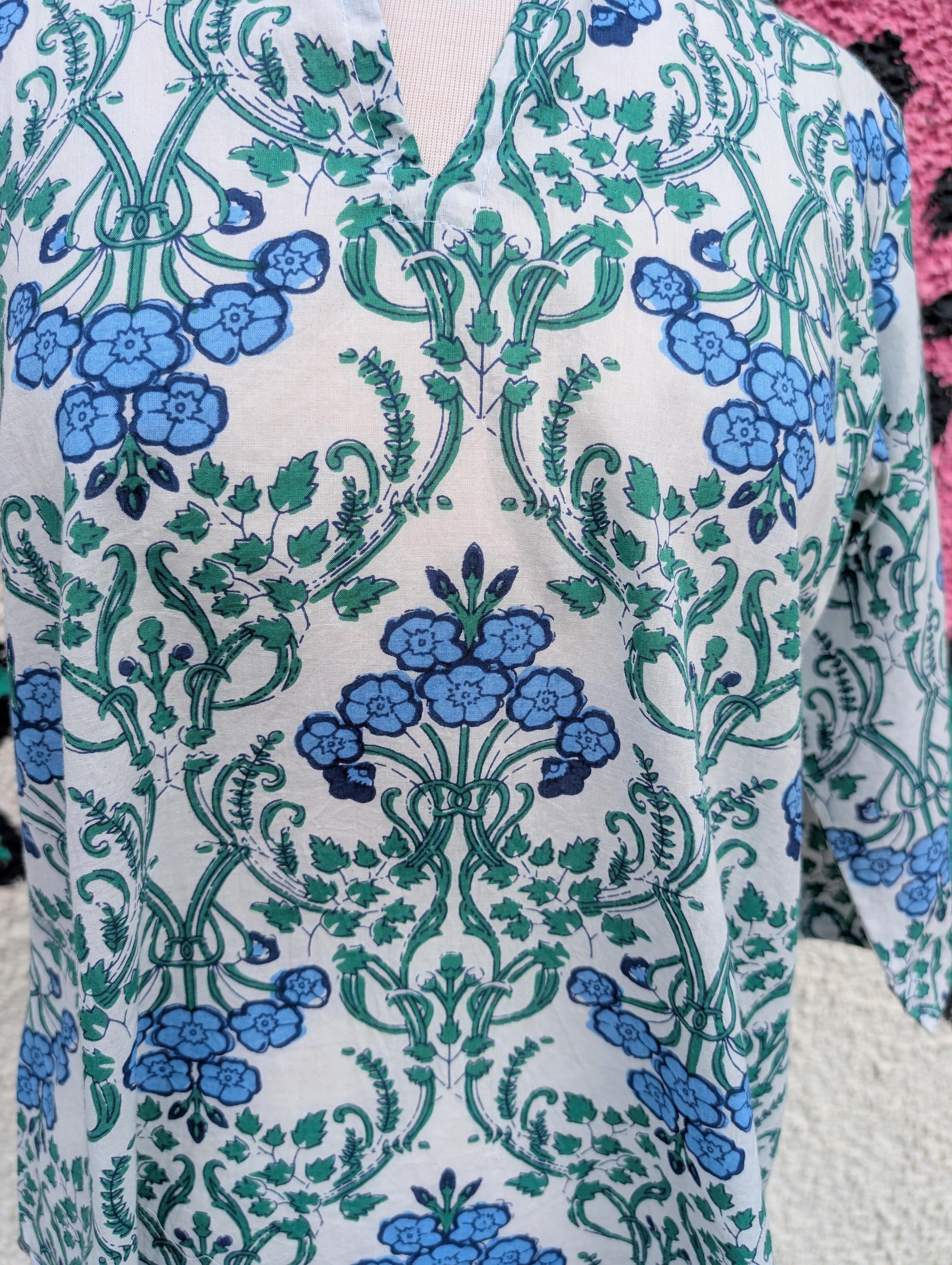 Marianne Blue & Green Art Deco Block Print Cotton Blouse - Image 2