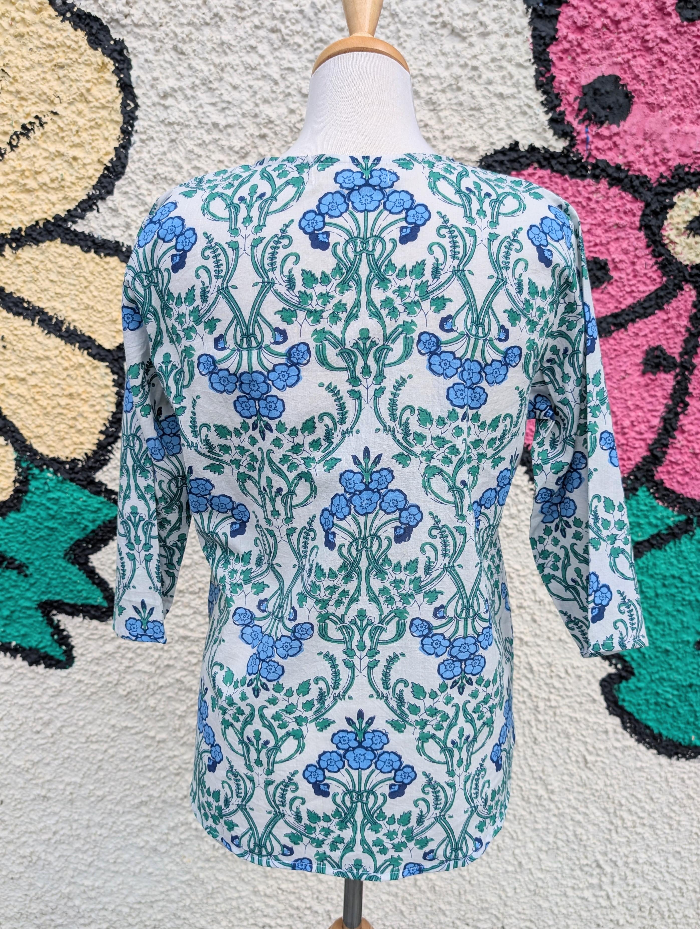 Marianne Blue & Green Art Deco Block Print Cotton Blouse - Image 3