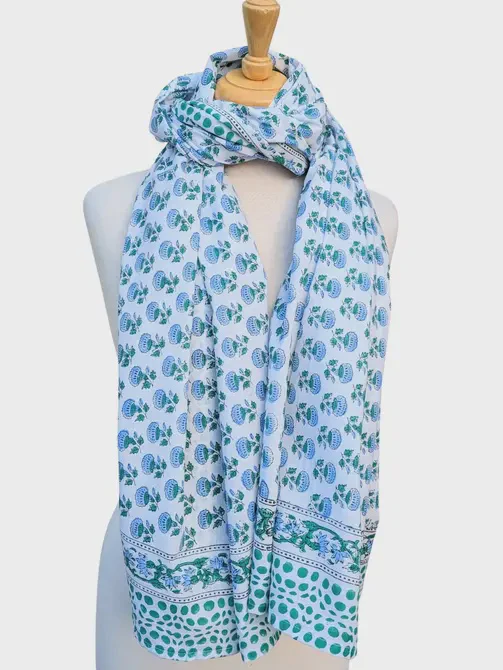 Blue & Green Flowers Block Print Pareo Sarong Scarf