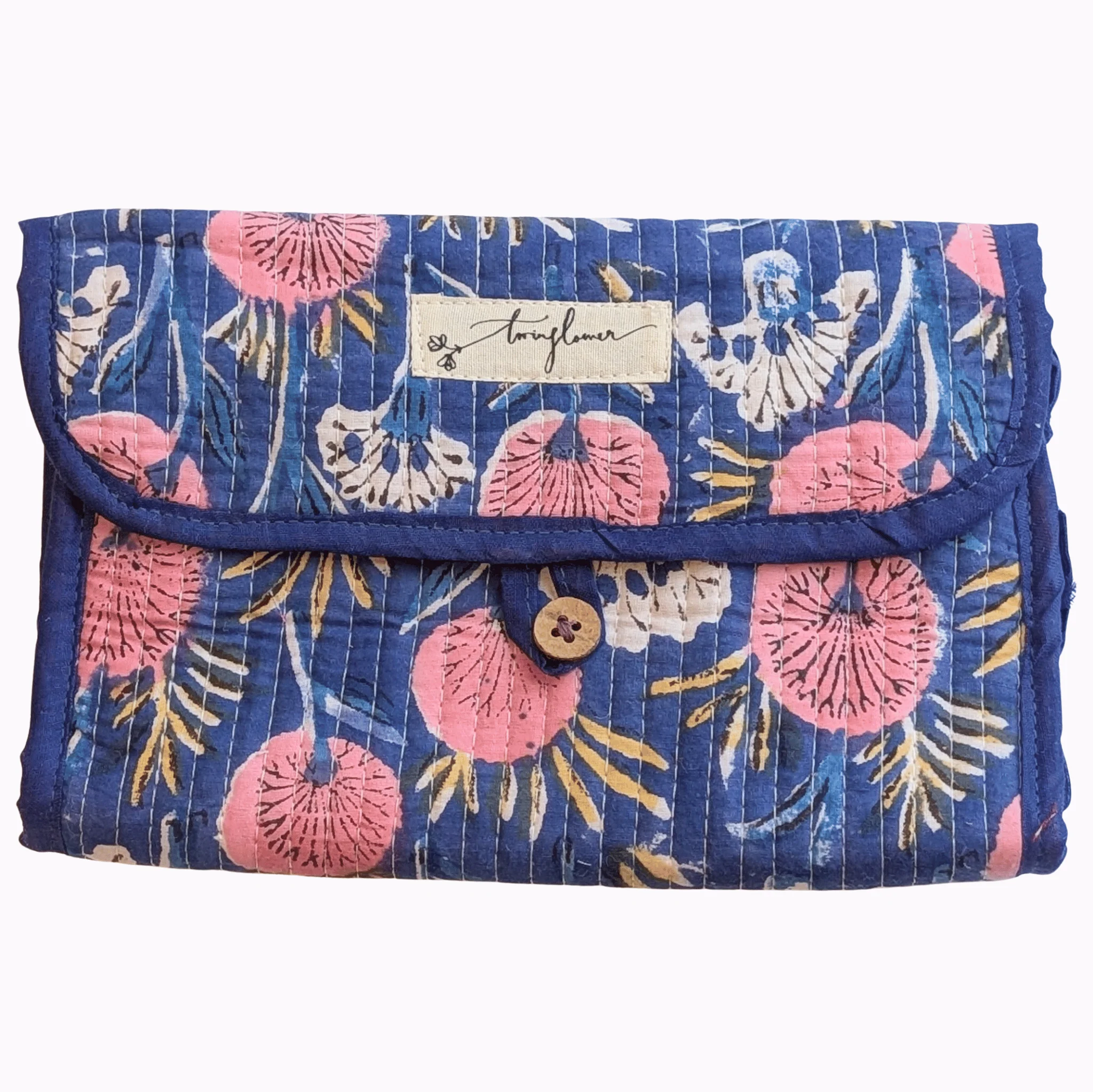 Blue & Pink Floral Block Print Quilted 3 Fold Travel Bag