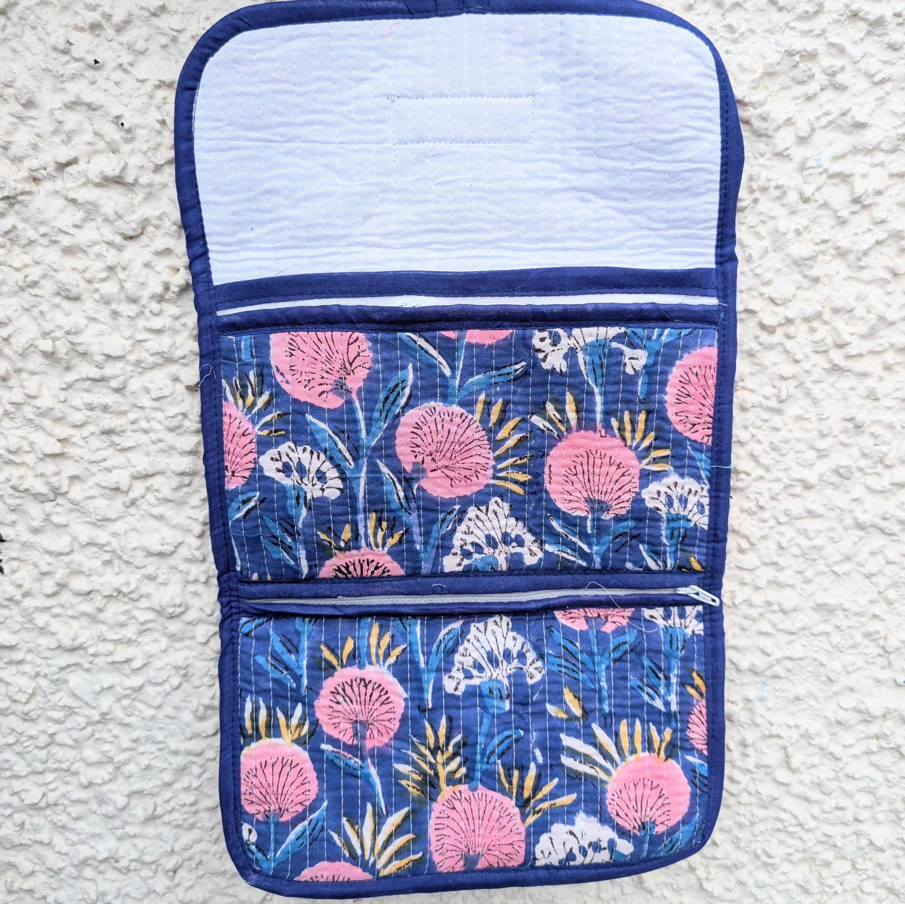 Blue & Pink Floral Block Print Quilted 3 Fold Travel Bag - Image 2