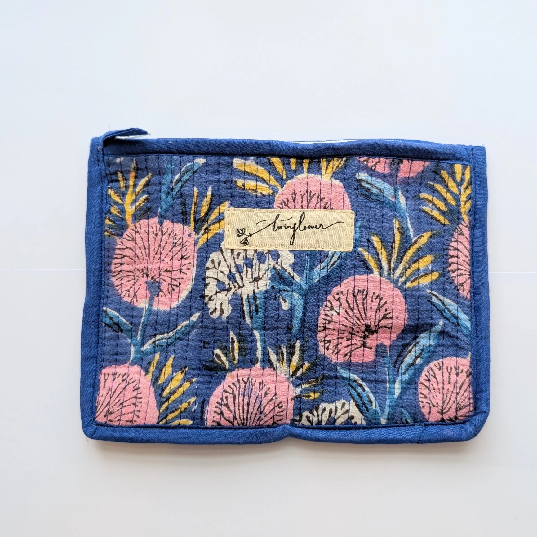 Blue & Pink Floral Block Print Quilted Medium Pouch Purse