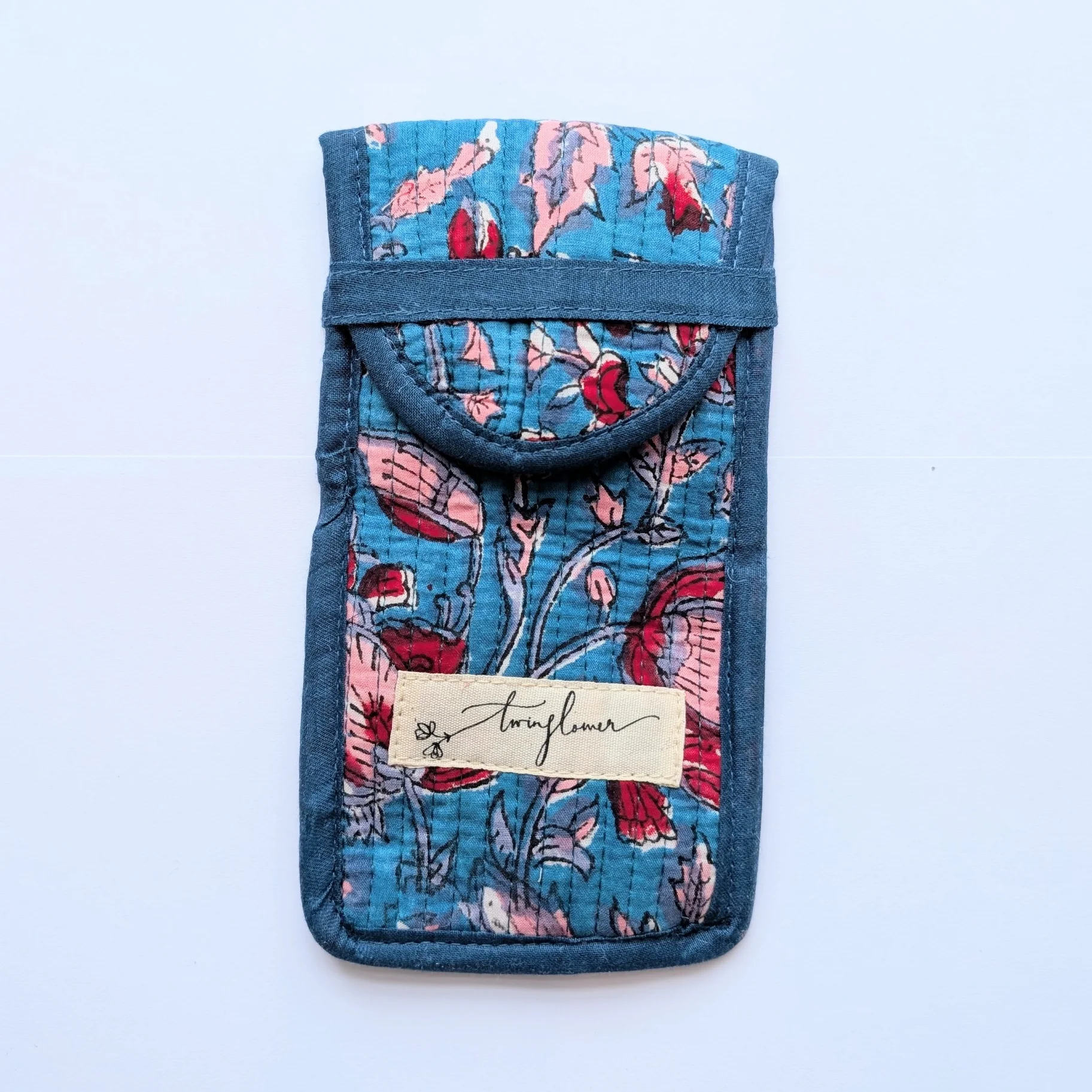 Blue & Red Floral Block Print Quilted Glasses Case