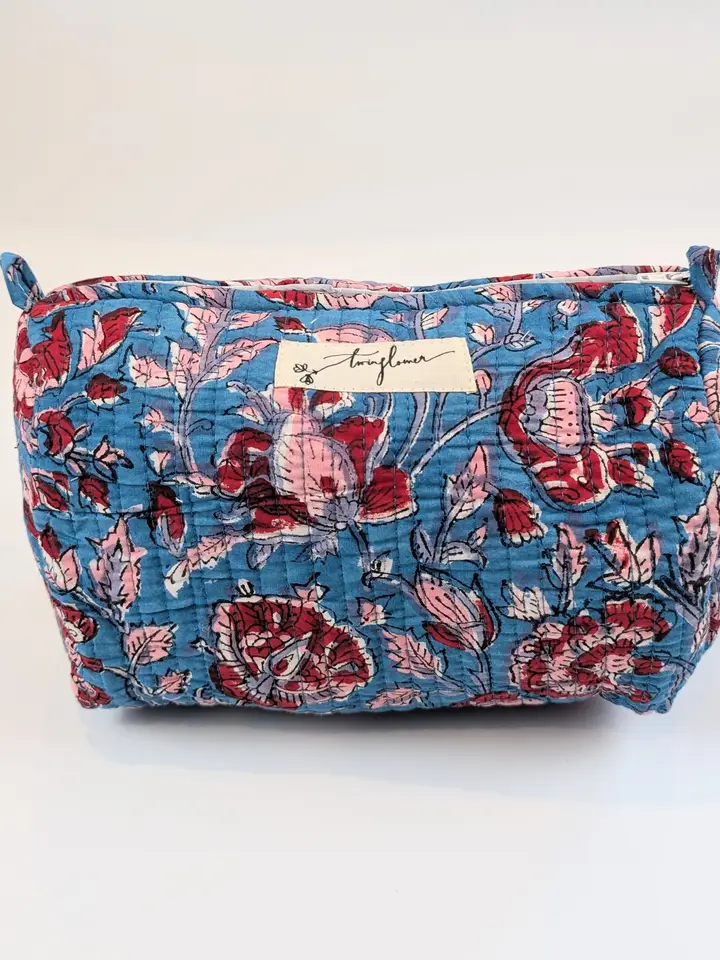 Blue & Red Floral Block Print Quilted Large Washbag