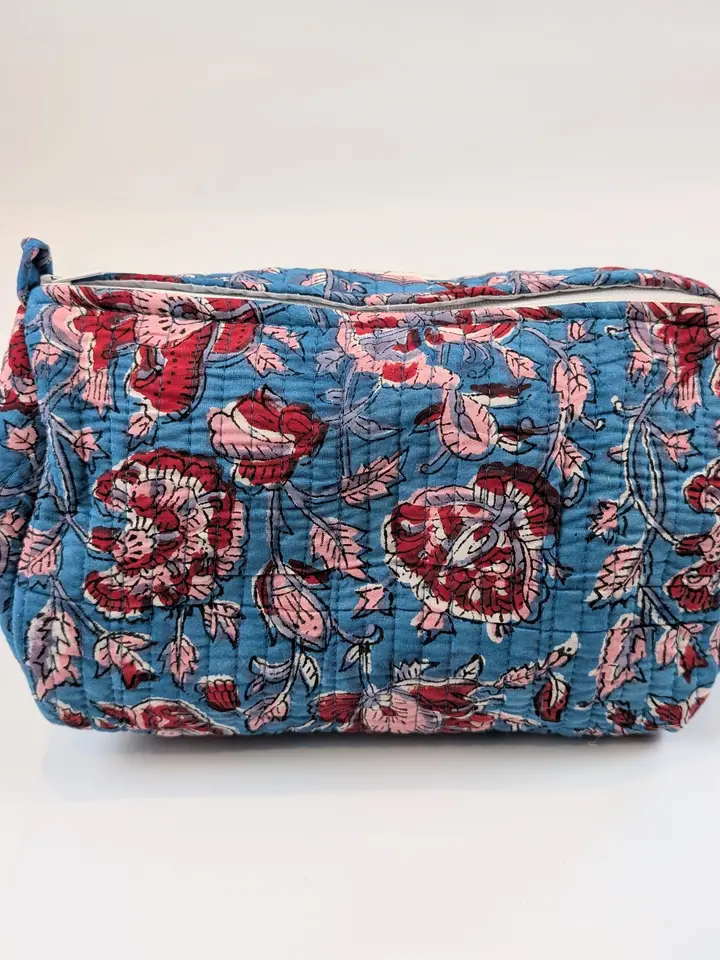 Blue & Red Floral Block Print Quilted Large Washbag - Image 2
