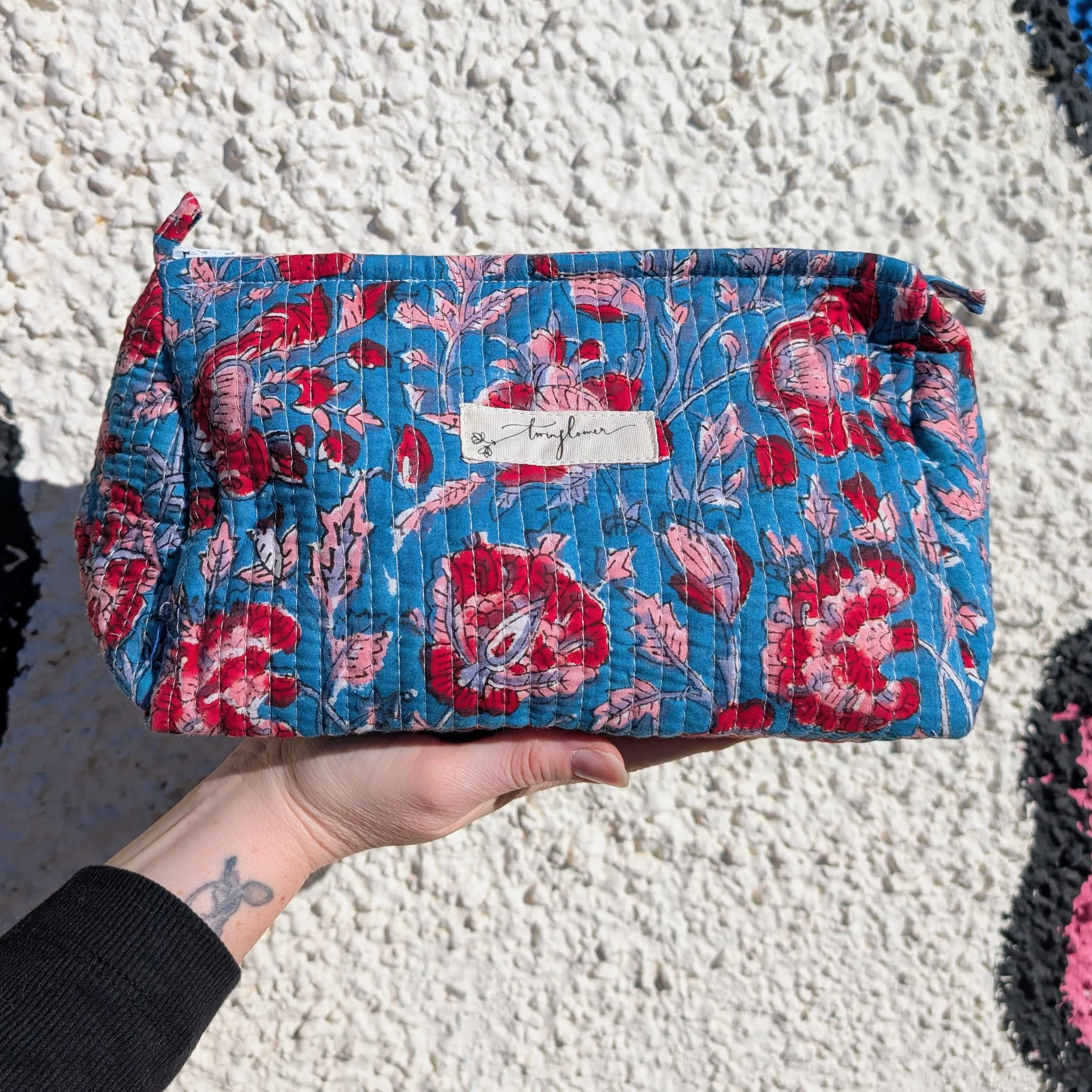 Blue & Red Floral Block Print Quilted Large Washbag - Image 3