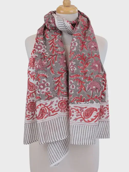 Claret & Grey Floral Block Print Pareo Sarong Scarf