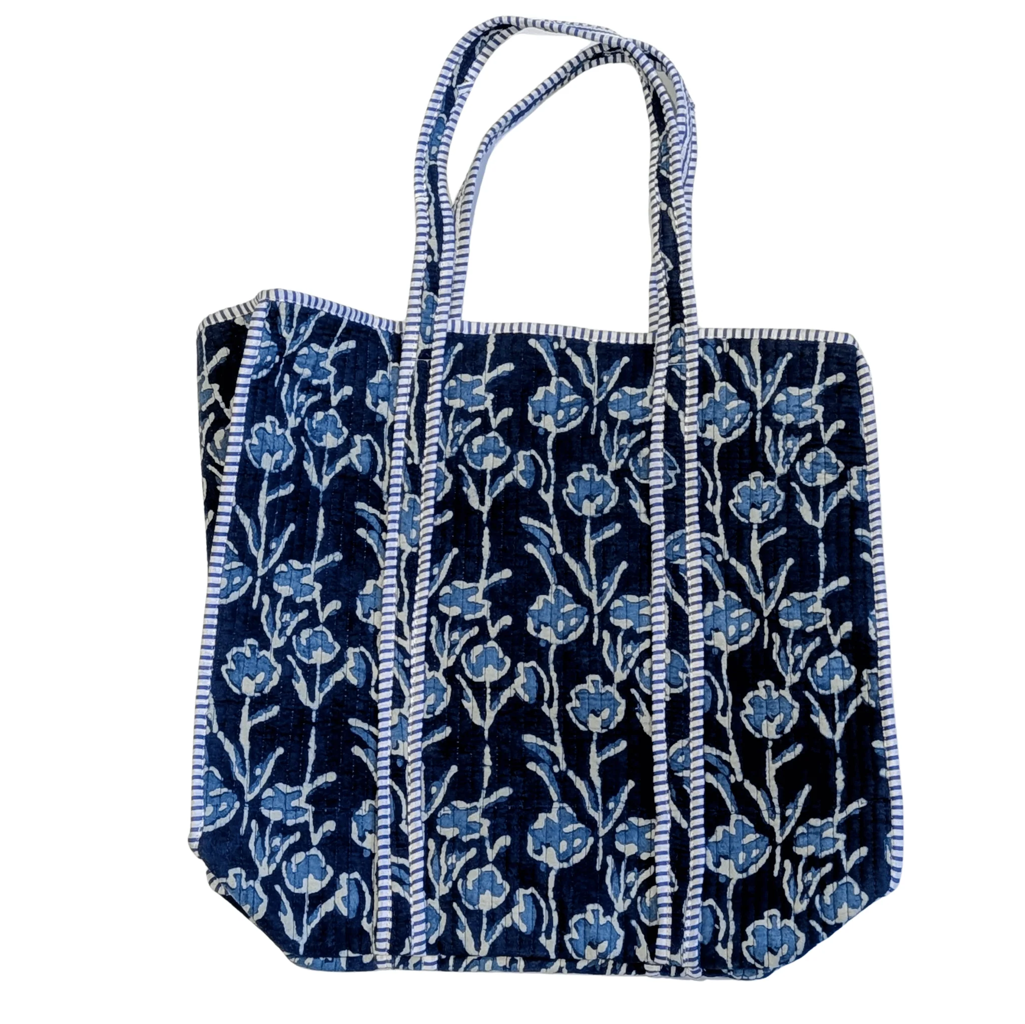Cotton Quilted Indian Tote Bag Blue Trailing Flowers