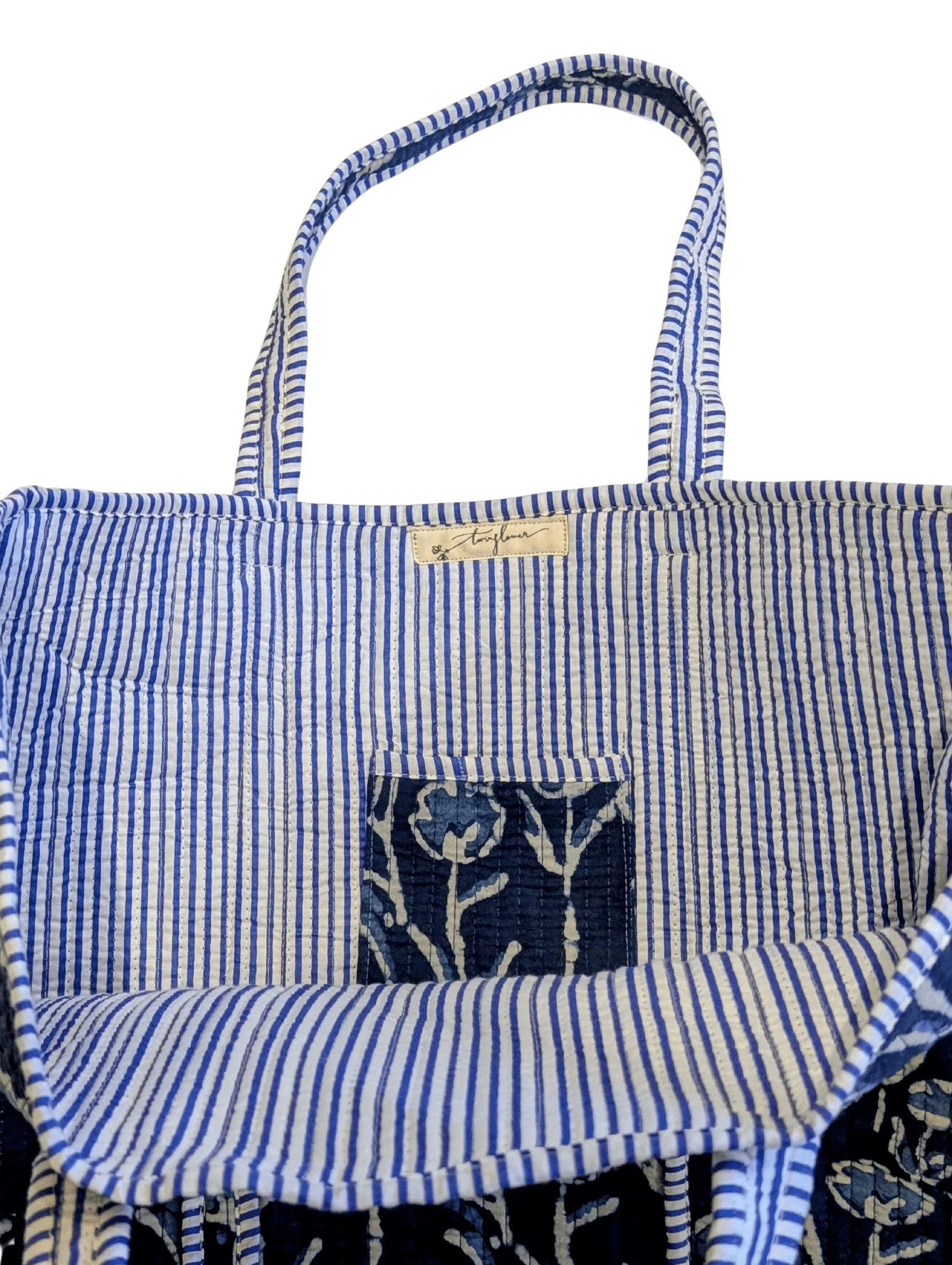 Cotton Quilted Indian Tote Bag Blue Trailing Flowers - Image 2