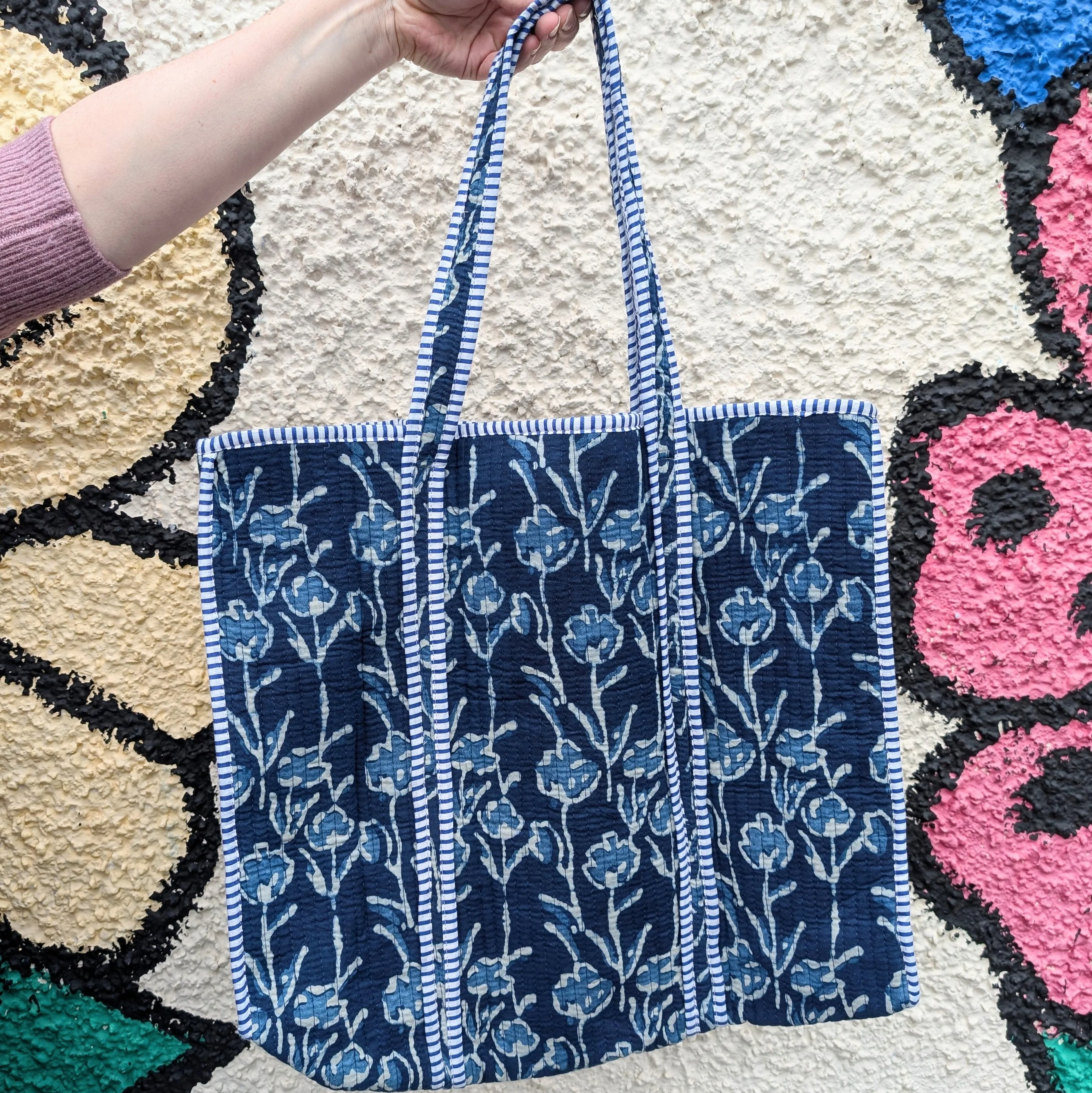 Cotton Quilted Indian Tote Bag Blue Trailing Flowers - Image 3