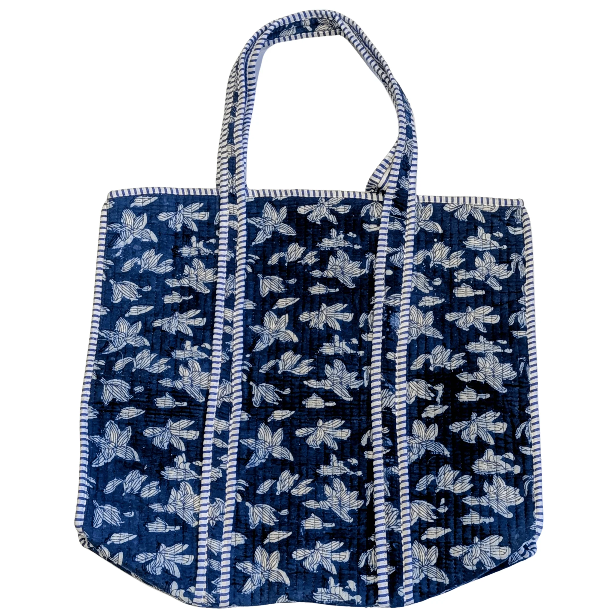 Cotton Quilted Indian Tote Bag Indigo Blue Scattered Flowers