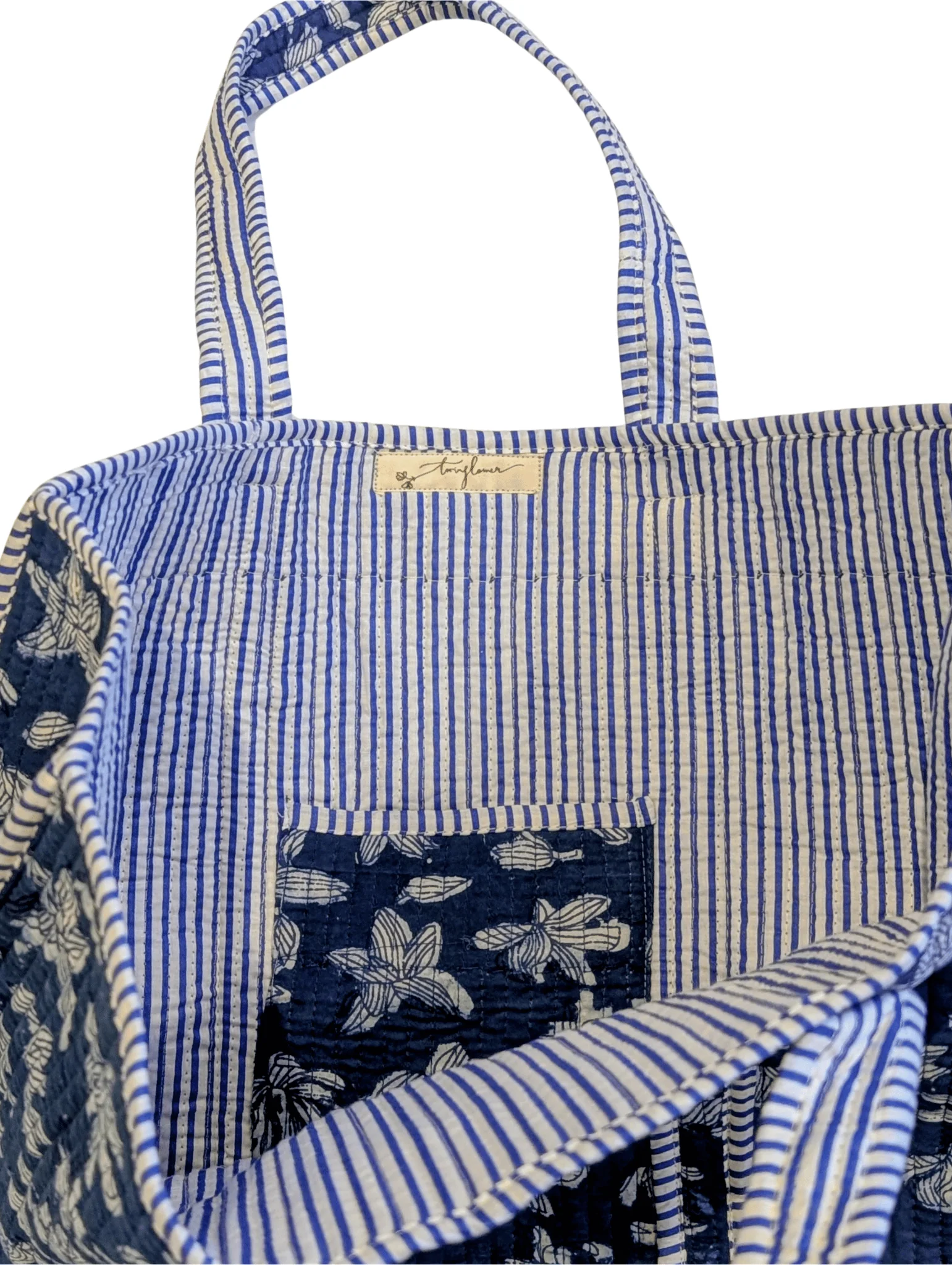 Cotton Quilted Indian Tote Bag Indigo Blue Scattered Flowers - Image 2
