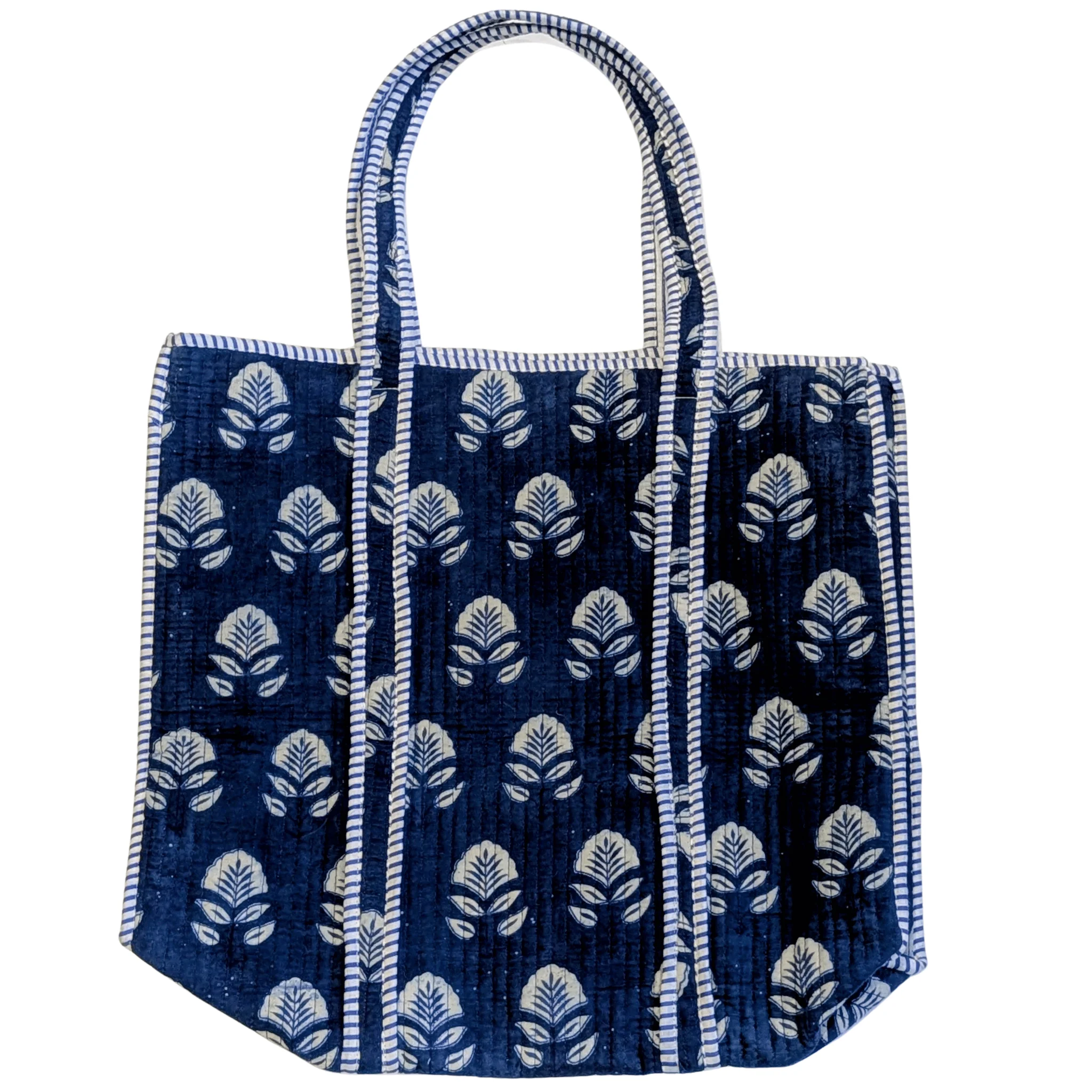 Cotton Quilted Indian Tote Bag Indigo Flowers