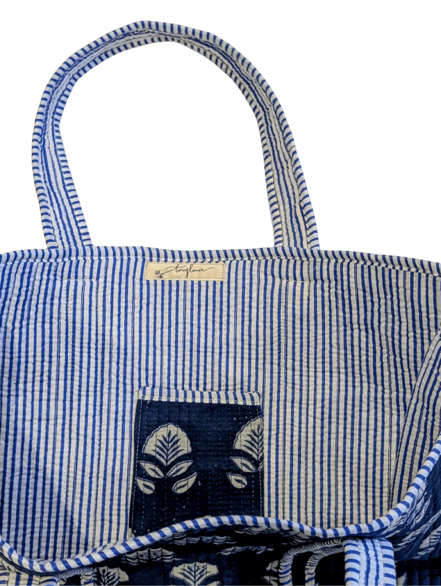 Cotton Quilted Indian Tote Bag Indigo Flowers - Image 2