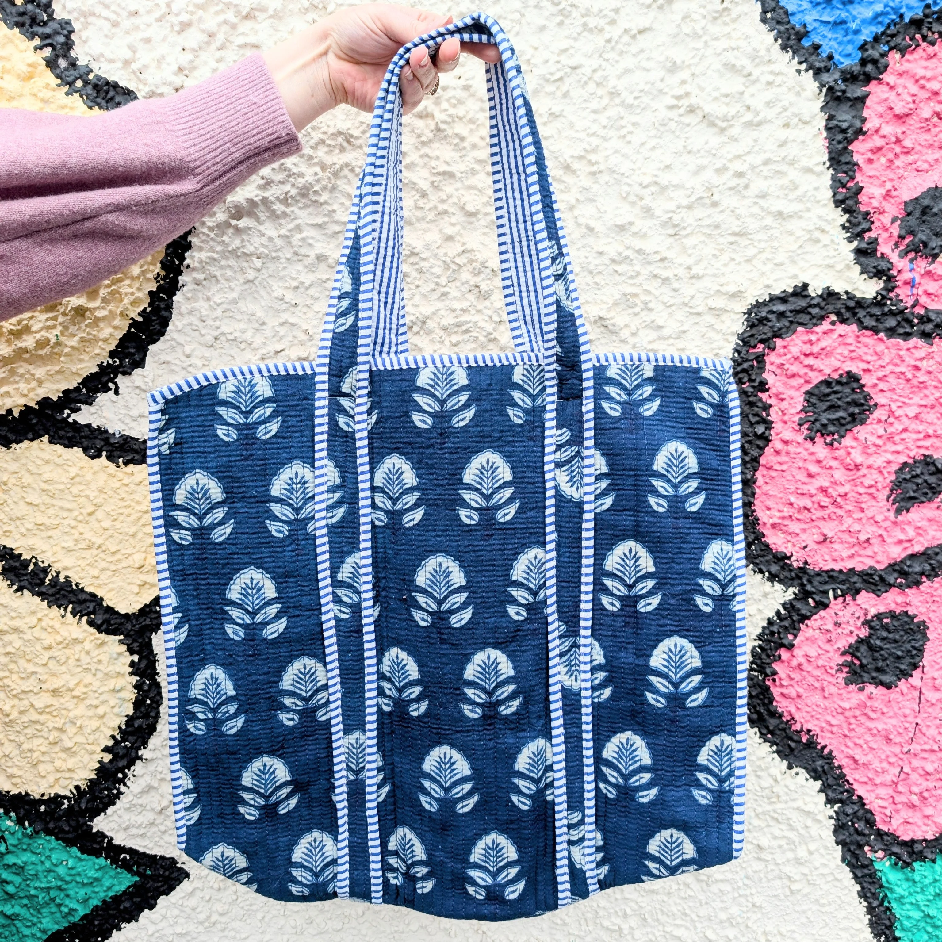 Cotton Quilted Indian Tote Bag Indigo Flowers - Image 3