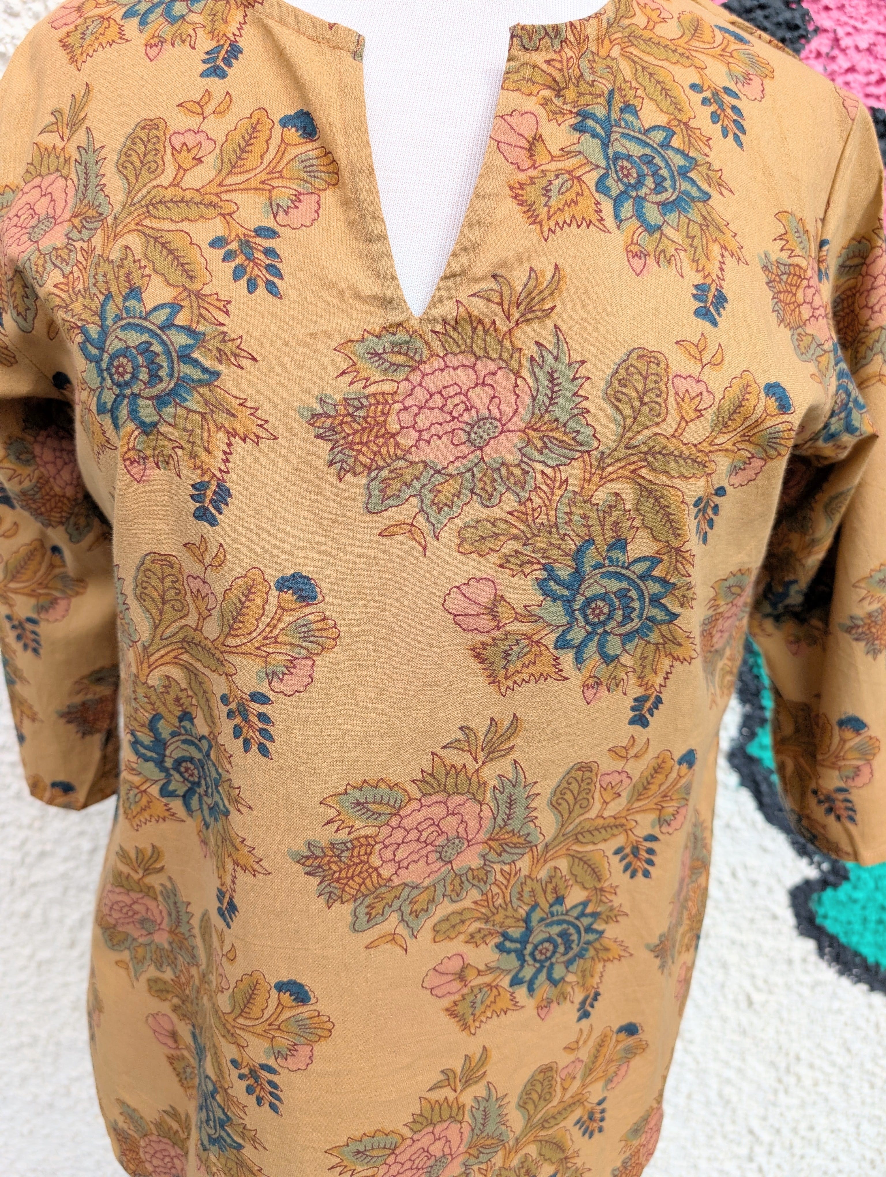 Marianne Dark Mustard Floral Block Print Cotton Blouse - Image 2
