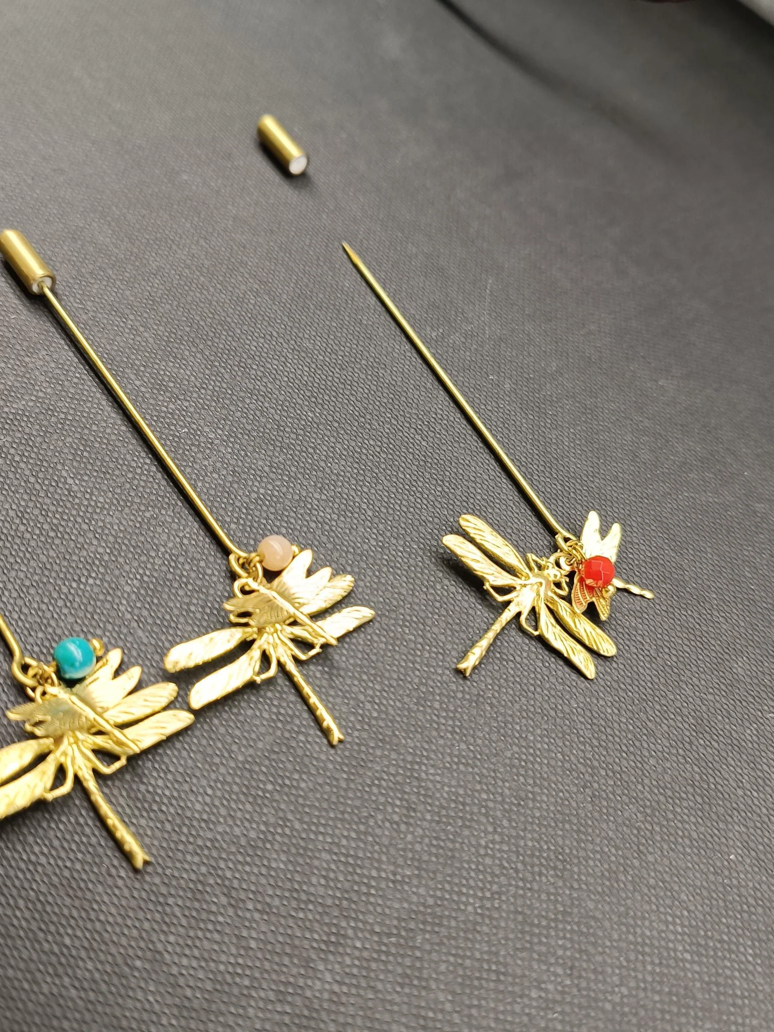Dragonfly Pin Brooch in Raw Bronze with Gemstone - Image 3