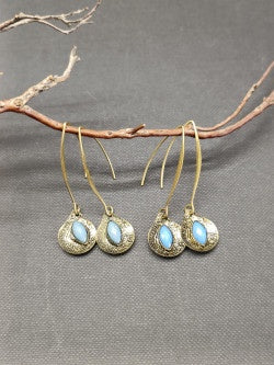 Engraved Broze Pear Drop Earrings with Blue Stone