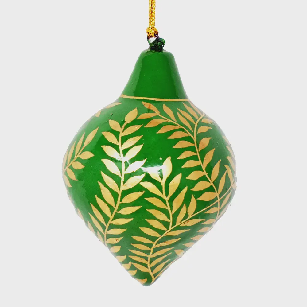 Fair Trade Green Hanging Lantern Bauble - Gold Vines