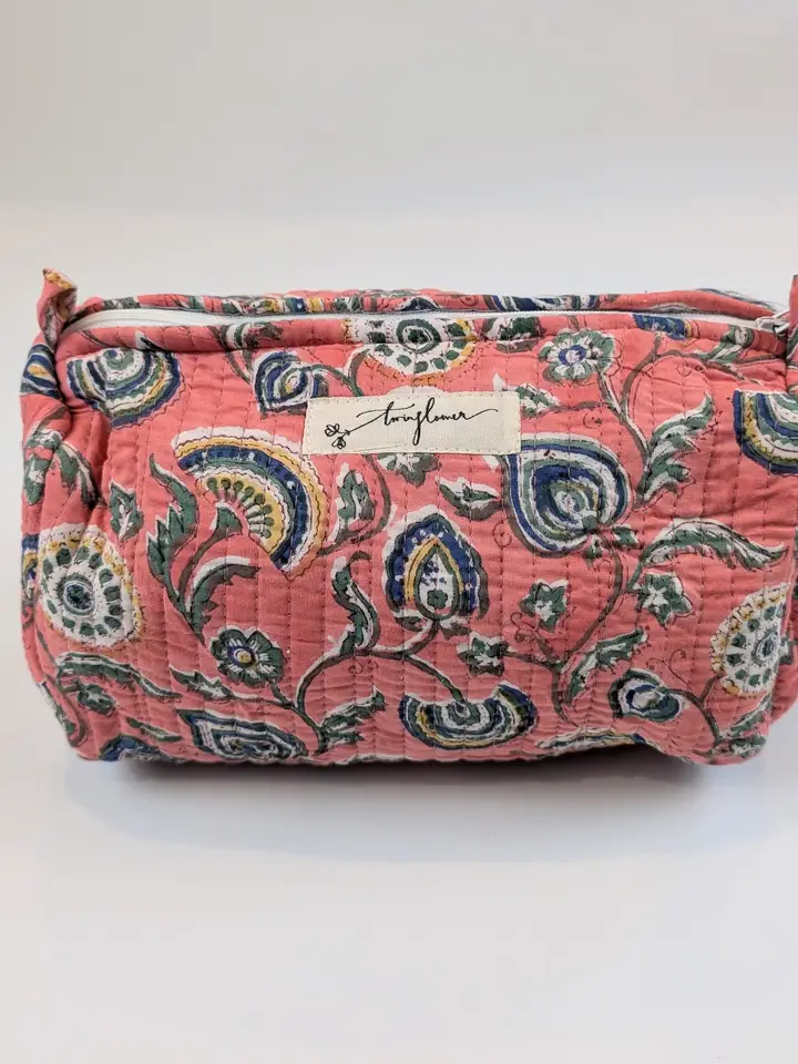 Fan Flower Pink Block Print Quilted Large Washbag