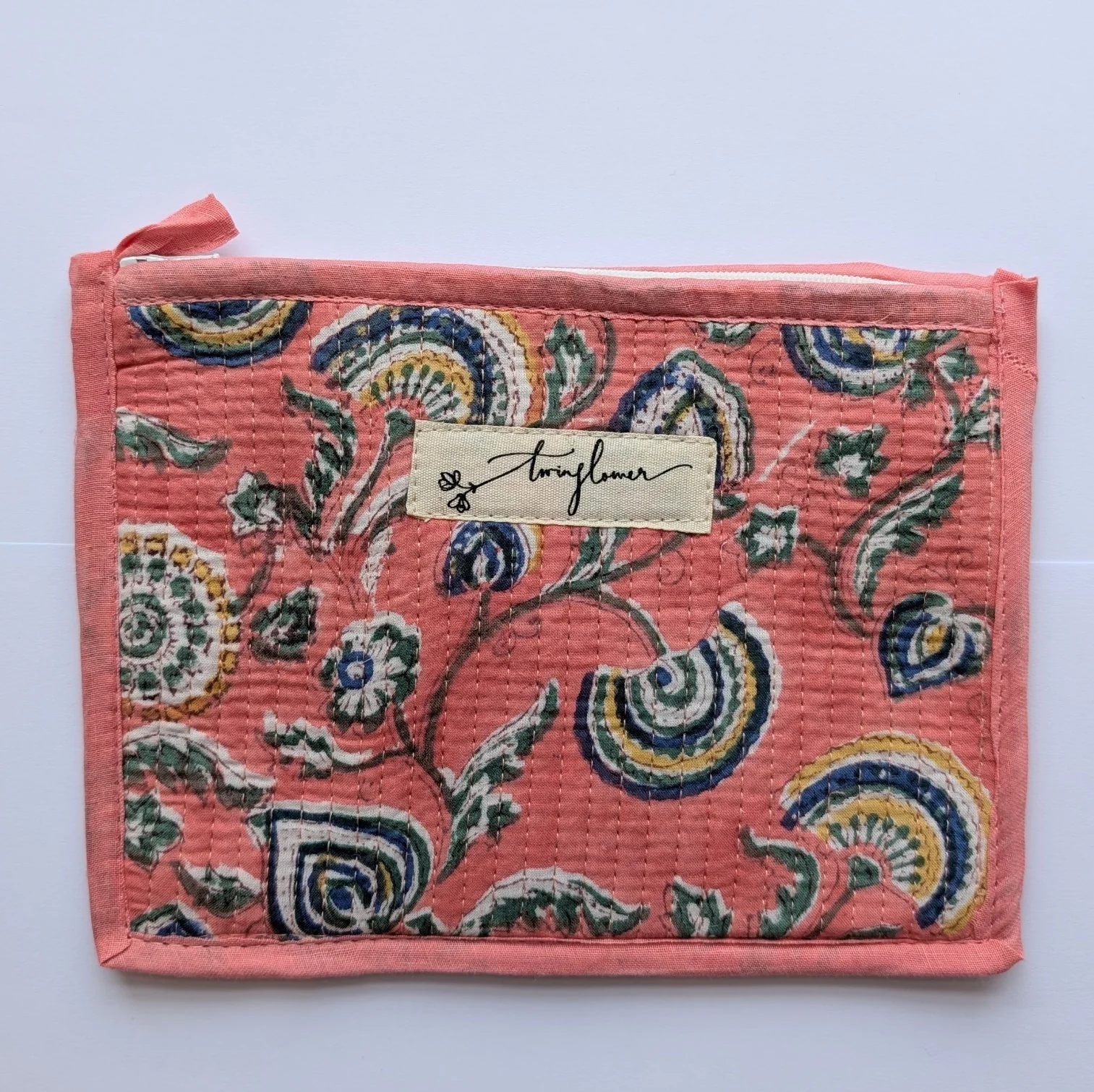 Fan Flower Pink Block Print Quilted Medium Pouch Purse