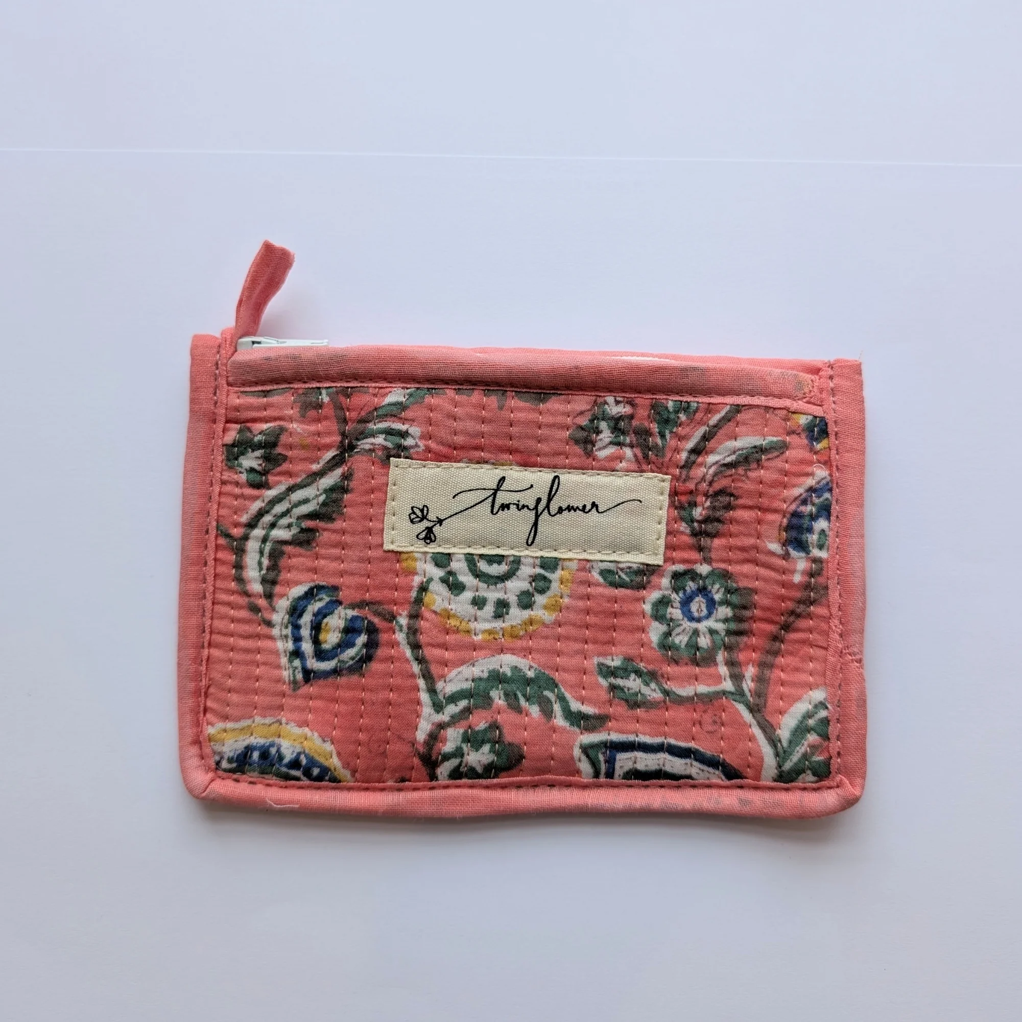 Fan Flower Pink Block Print Quilted Small Pouch Purse