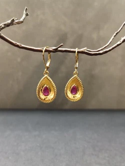 Gold Teardrop Earrings with Pink Rhinestone