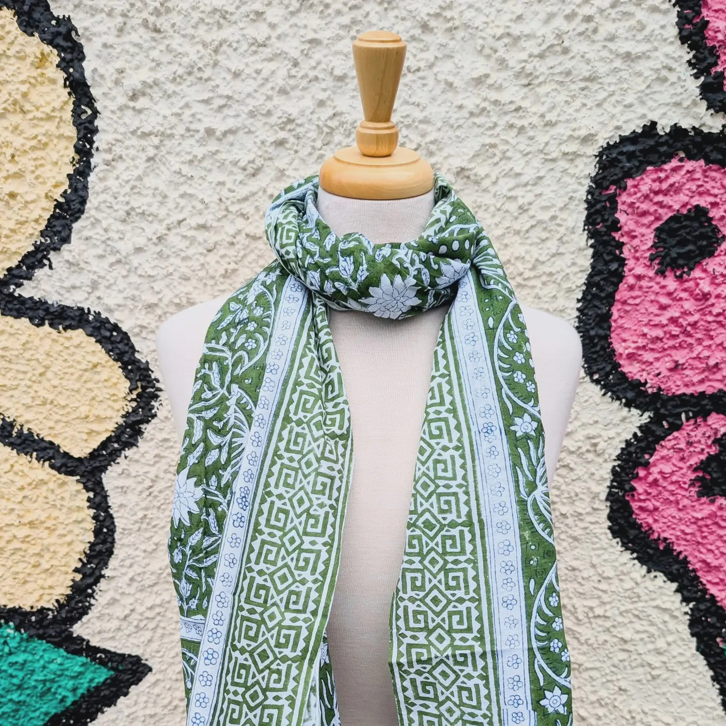 Green & White Floral Block Print Pareo Sarong Scarf