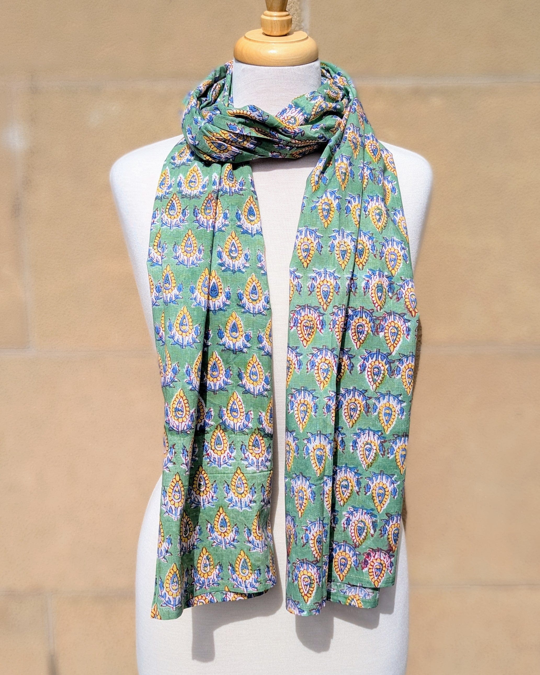 Green & Yellow Pattern Block Print Scarf