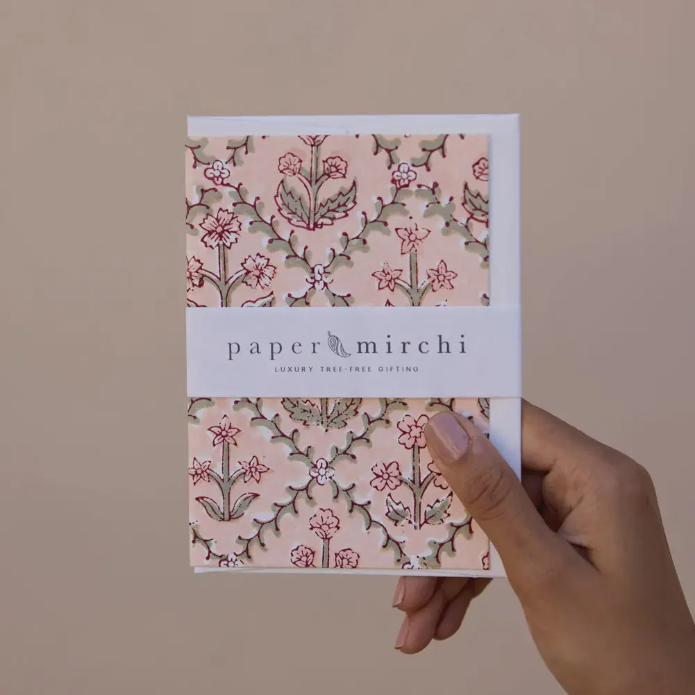 Hand Block Printed Greeting Card - Floral Lattice Terracotta